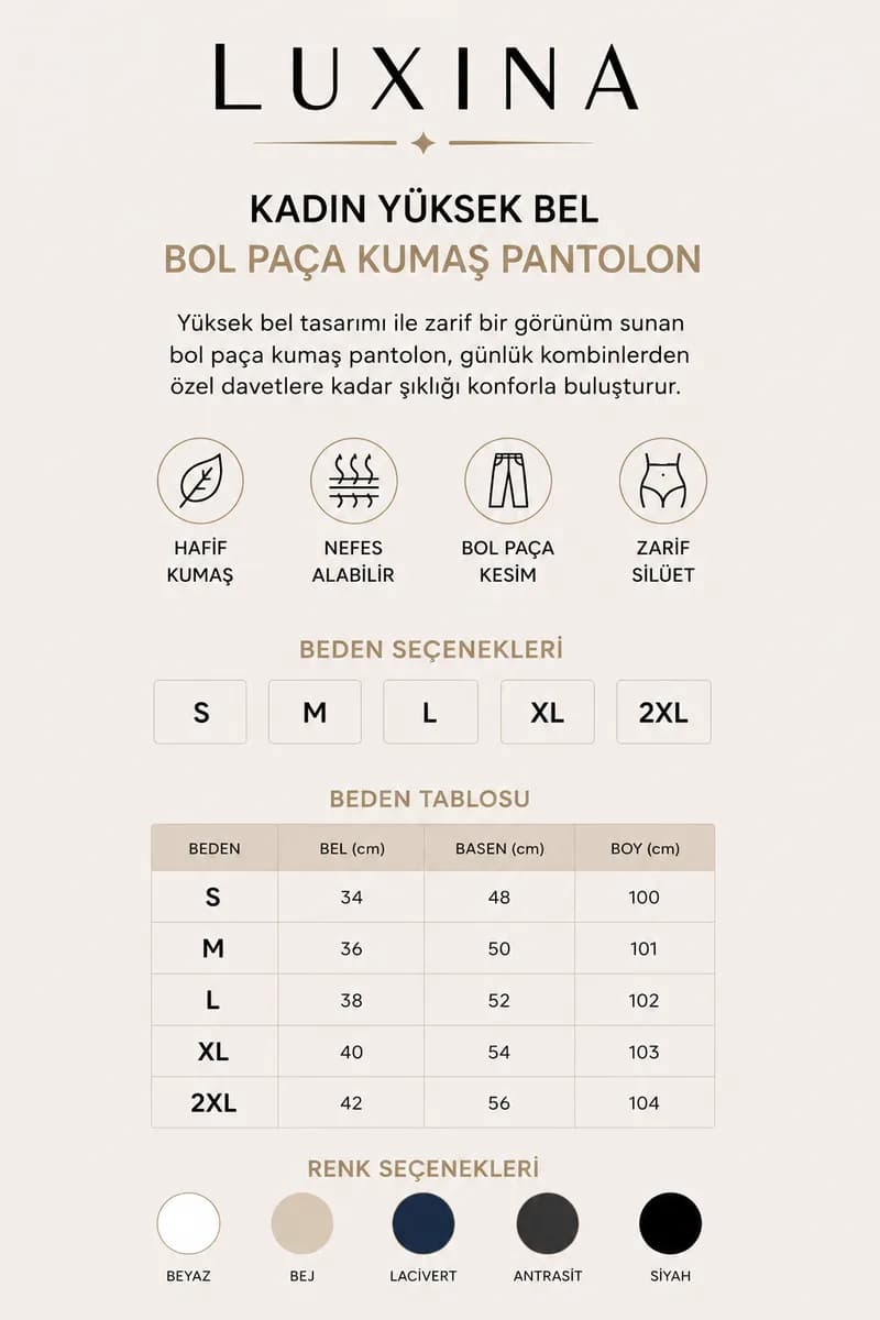 Kadın Ekru Yüksek Bel Bol Paça Kumaş Pantolon 8